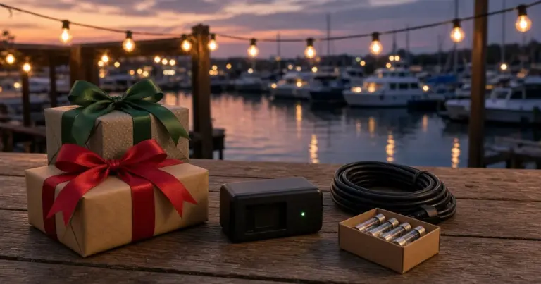 Wrapped gifts beside a portable charger and battery cables on a dock table under string lights