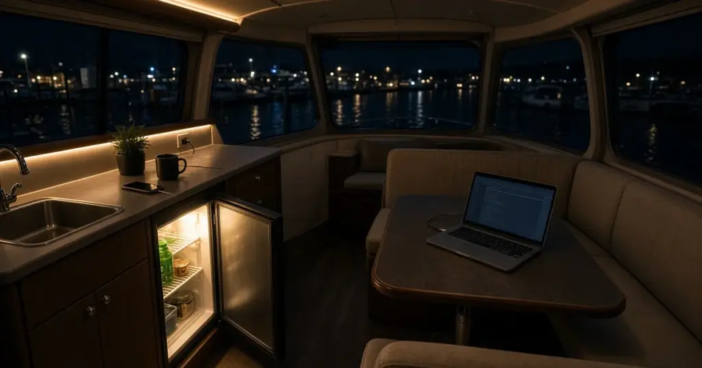 Yacht cabin at night with LED lighting, a laptop on the table and a galley fridge