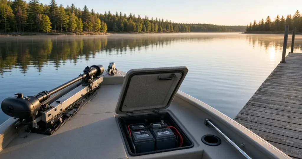 Bow of a fishing boat with a trolling motor and an open battery compartment beside a dock on a calm lake at sunrise