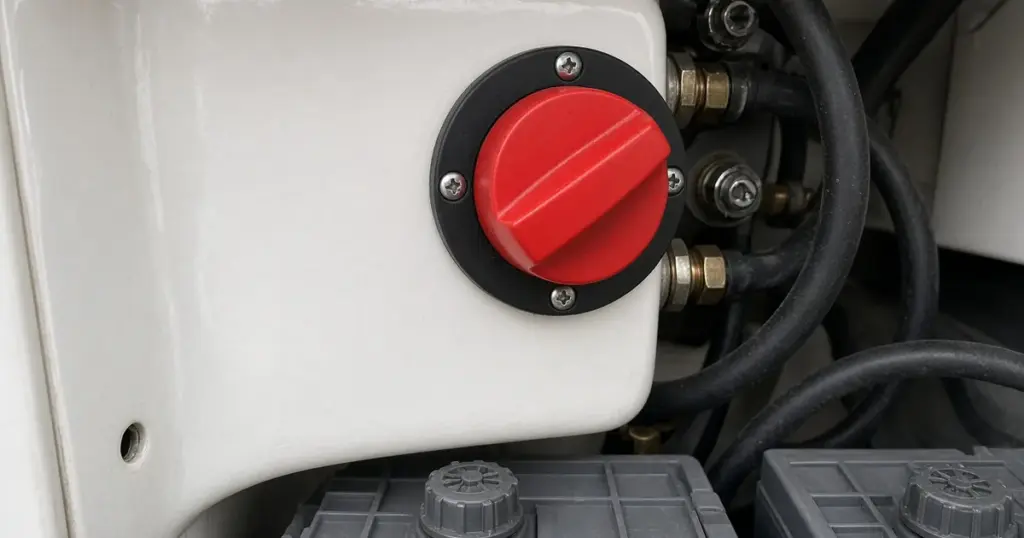 Red rotary battery switch mounted beside cables above batteries in a boat compartment