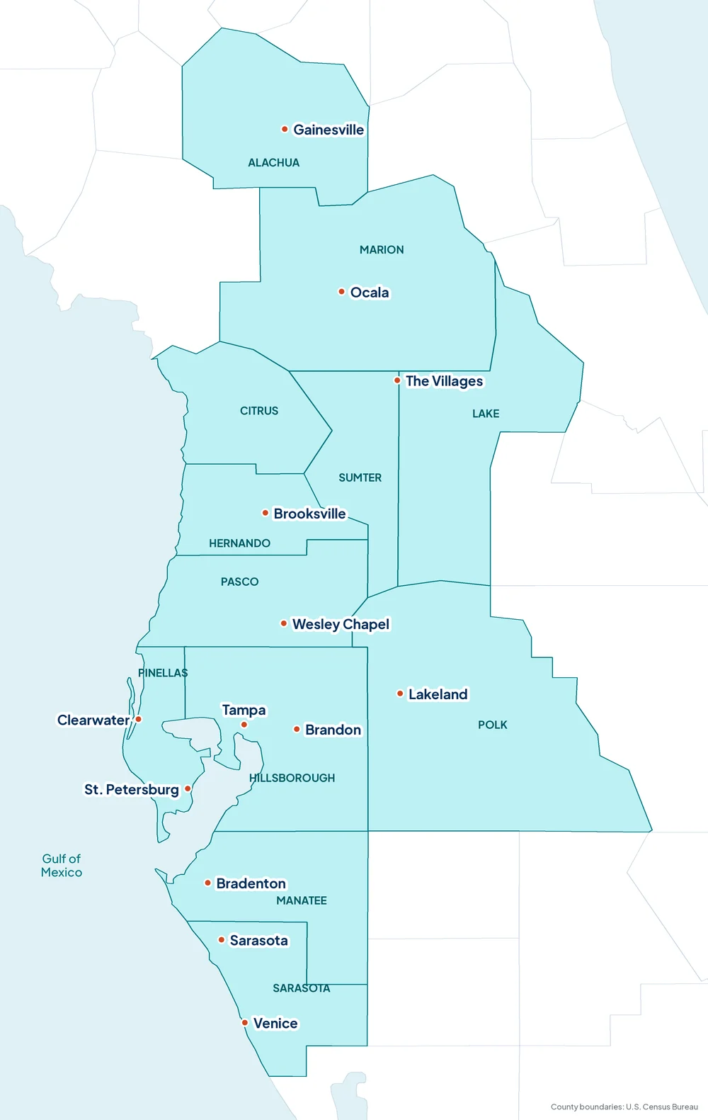 Map of the Marine Battery Source installation area in Florida: Sarasota, Manatee, Hillsborough, Pinellas, Pasco, Hernando, Citrus, Sumter, Marion, Polk, Lake and Alachua counties, from Venice north to Gainesville
