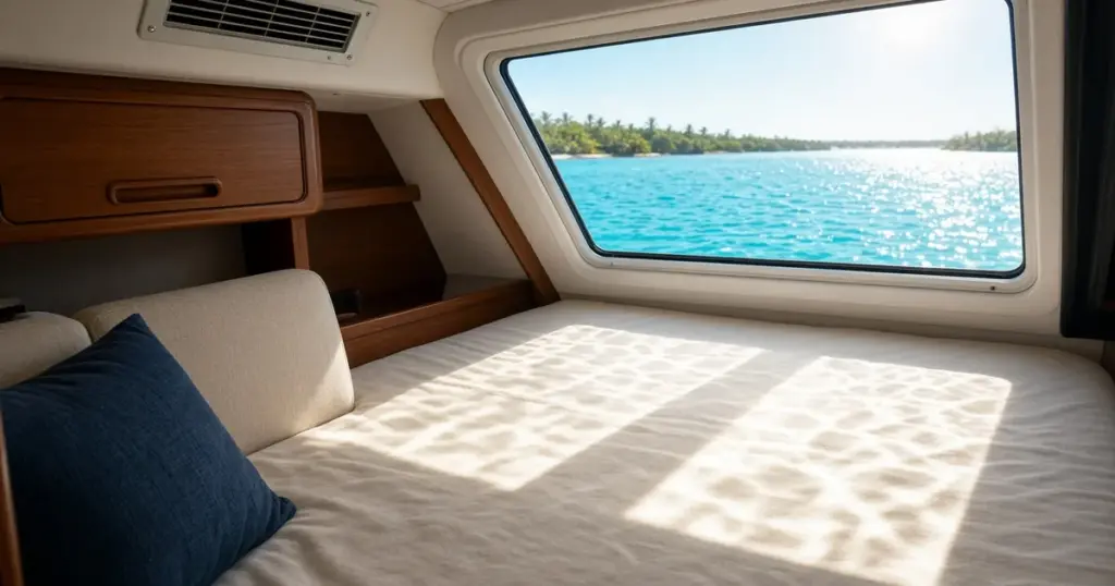 Sunlit boat cabin berth with an air conditioning vent above and turquoise water through the window
