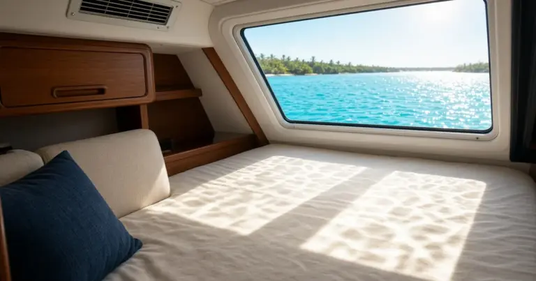 Sunlit boat cabin berth with an air conditioning vent above and turquoise water through the window