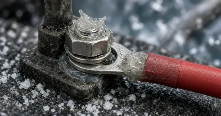 Close-up of a battery terminal and red cable lug crusted with salt