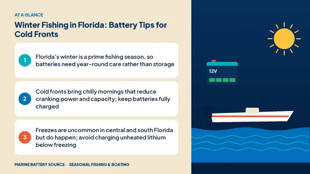 At-a-glance summary: Florida's winter is a prime fishing season, so batteries need year-round care rather than storage; Cold fronts bring chilly mornings that reduce cranking power and capacity; keep batteries fully charged; Freezes are uncommon in central and south Florida but do happen; avoid charging unheated lithium below freezing