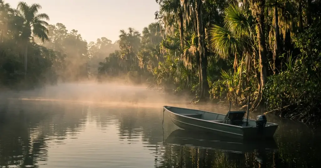 Jon boat on a misty, palm-lined Florida river at sunrise