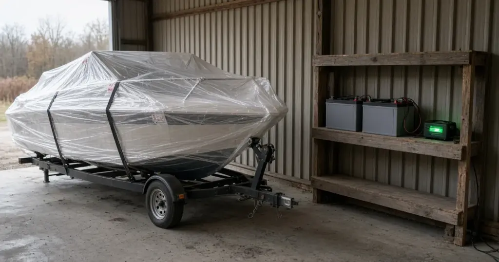 Shrink-wrapped boat on a trailer in a storage shed with batteries on a shelf connected to a maintainer