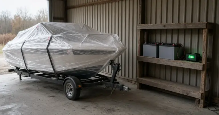 Shrink-wrapped boat on a trailer in a storage shed with batteries on a shelf connected to a maintainer