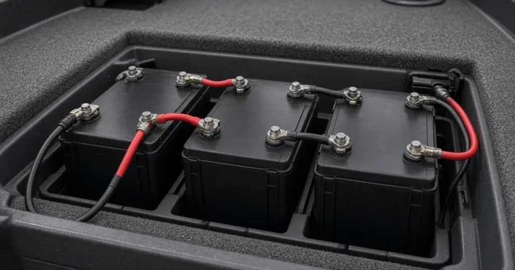 Three batteries connected with series jumper cables in a fishing boat compartment
