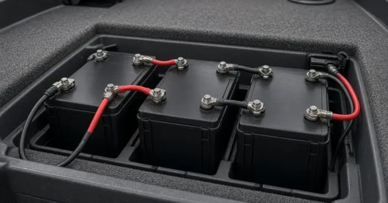 Three batteries connected with series jumper cables in a fishing boat compartment
